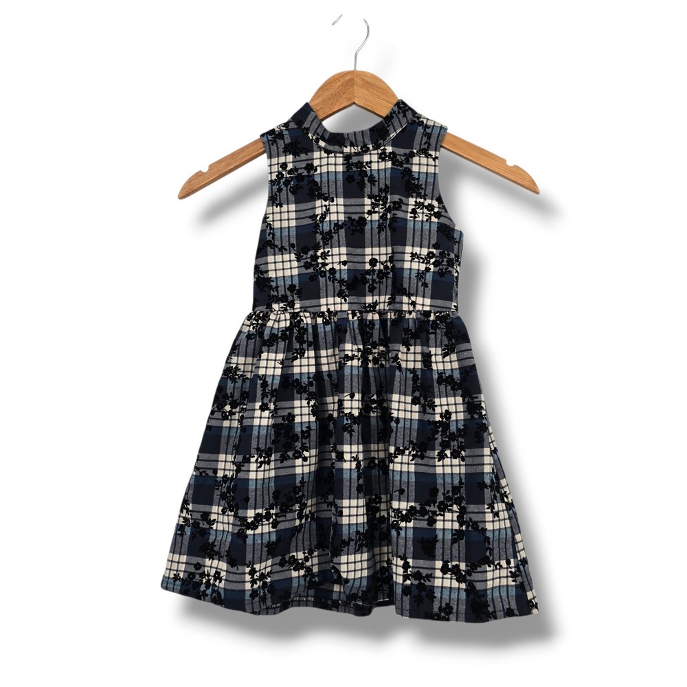 GB Girls Plaid Flocked Floral Sleeveless Dress Navy Blue Size 5 Keyhole Back
